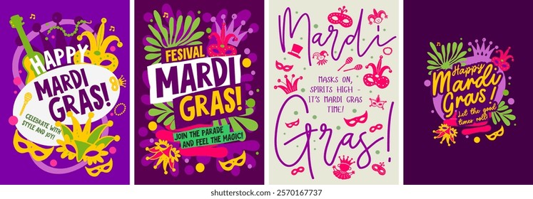 Bright Mardi Gras poster with a mix of bold typography, playful colors, and festive decorations to celebrate the carnival spirit.