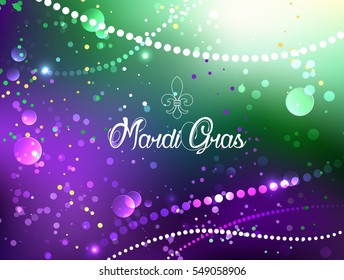 Bright Mardi Gras purple and green background with shiny confetti.