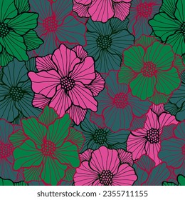 Bright marigold flower periodic sample. Hand drawn bouquet ornament. Marigold blossom with contour petals. Fabric print. Meadow bloom rustic seamless pattern cover motif.