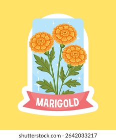 Bright marigold flowers with lush green leaves in a retro vector style. Soft pastel background enhances the vibrant orange blooms
