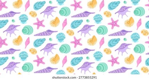 Bright marine pattern featuring seashells and starfish in a repeating layout, ideal for summer fabric, wrapping paper, packaging, and coastal themed design