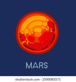 Heller Mars-Planet mit Titel. Planet des Sonnensystems mit der ikonischen roten Oberfläche und Krater. Perfekt für Bildungsinhalte und Astronomie. Vektorgrafik einzeln auf dunkelblauem Hintergrund.