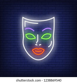 Bright mask neon sign. Carnival, theatre or advertisement design. Night bright neon sign, colorful billboard, light banner. Vector illustration in neon style.