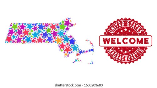Bright Massachusetts State map composition of stars, and distress round red WELCOME stamp. Abstract geographic scheme in bright color hues. Vector Massachusetts State map is created of color stars.