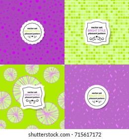 Bright material color seamless background set, cards with abstract geometric elements, patterns fashion trend. Vector.