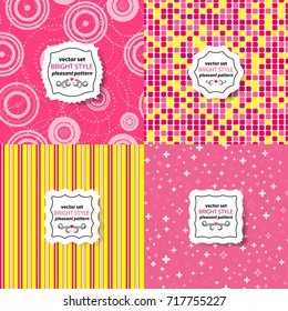 Bright material color seamless background set, cards with abstract geometric elements, patterns fashion trend. Vector.