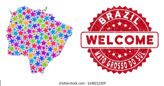 Bright Mato Grosso do Sul State map mosaic of stars, and grunge rounded red WELCOME seal. Abstract territory scheme in bright color tones.