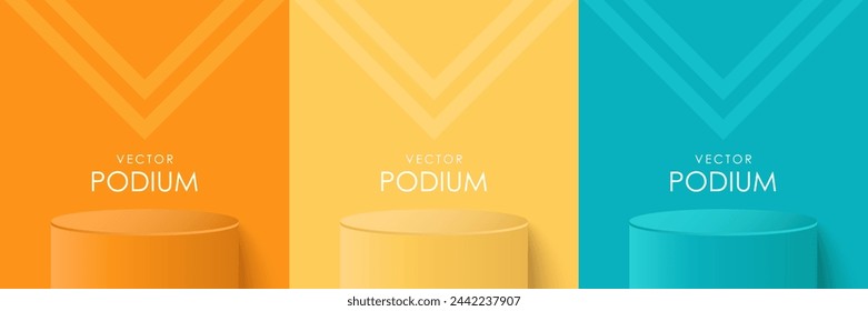 Bright matte podium, winner's platform or product demonstration. Orange, yellow and blue round stage, exhibition stand. 3d vector.