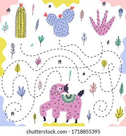 Bright maze game for kids with a funny llama. What cactus will the llama come to? Fascinating activity page for children. Vector illustration