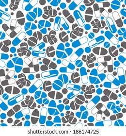 Bright medical seamless pattern with grey and blue pills, capsules and tablets, colorful infinite pharmacy background, pills collection, endless abstract vector antibiotic backdrop. 