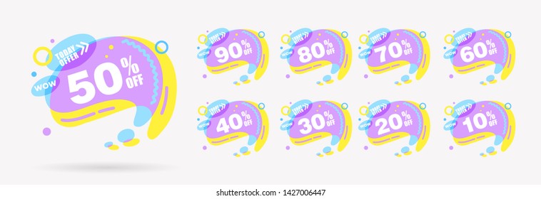 Bright Mega Sale tags set vector modern yellow and purple badges template for Super Sale special offer banner, up to 90 50 30 60% off. Sale banner modern template design Vector illustration.
