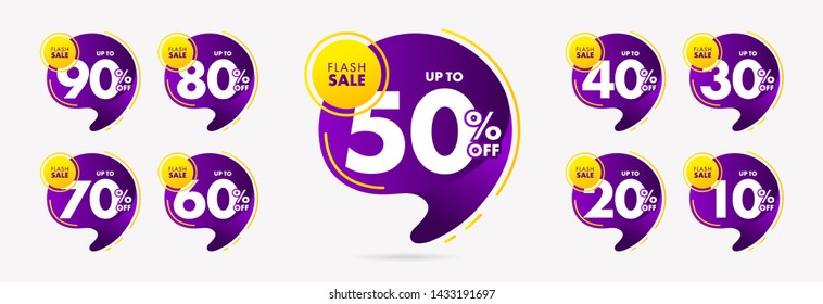 Bright Mega Sale tags set vector modern yellow and purple gradient badges template for Super Sale special offer banner, up to 90 50 30 60% off. 