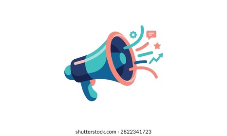 Bright megaphone emitting sound waves and icons representing communication and media in lively colors suitable for digital marketing and advertising