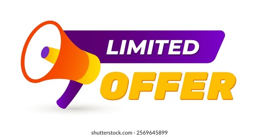 Bright megaphone with Limited Offer text in bold orange and purple on a white background. Eye-catching promotional banner concept. Vector illustration