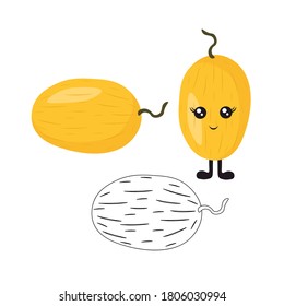 Bright melon with cute cartoon eyes and legs in flat style isolated on white background. Vegetarianism with berries and proper nutrition.
 Stock vector illustration for decoration and design.