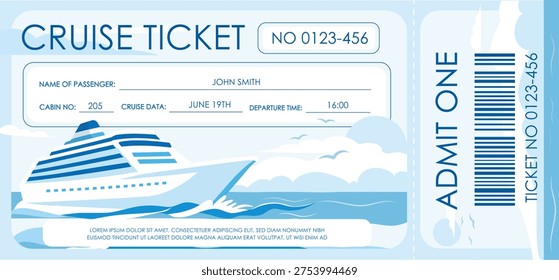 A bright and memorable vector template for a cruise ship ticket. The design combines minimalism and a nautical theme: an image of a modern cruise ship, stylized waves and clouds, and a clear structure with fields for the passenger's name, cabin number, departure date, and time.