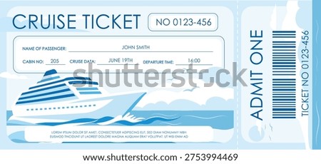 A bright and memorable vector template for a cruise ship ticket. The design combines minimalism and a nautical theme: an image of a modern cruise ship, stylized waves and clouds, and a clear structure with fields for the passenger's name, cabin number, departure date, and time.