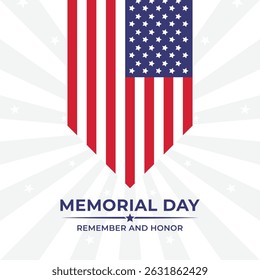 Bright Memorial Day design with patriotic rays and ribbon-shaped American flag