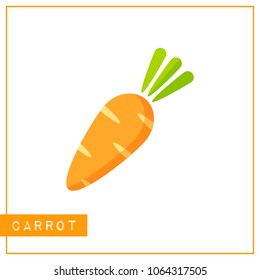 Bright memory training card with colorful vegetable. Flat design isolated orange color carrot with shine and shade. Vector illustration for organic product logo, healthy nutrition poster or child game