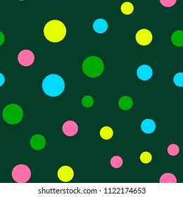 Bright memphis style polka dots seamless pattern on a dark background.