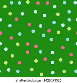 Bright memphis style polka dots seamless pattern. Festive background with multicolored confetti. Yellow, pink, blue circles but against a white background. Flying confetti.