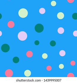 Bright memphis style polka dots seamless pattern. Festive background with multicolored confetti. Yellow, pink, blue circles but against a white background. Flying confetti.
