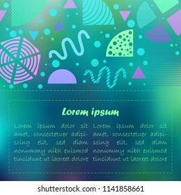 Bright Memphis Style Poster with Geometric Shapes and Patterns and Place for Text. Turquoise Mesh Background. Perfect for Ad, Parties Invitations, Event Leaflets, Presentation Header. Vector EPS 10
