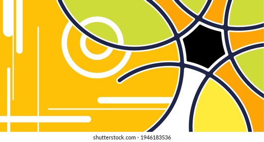 Bright Memphis-style design with a flowing radial pattern in black, white, yellow, and green. Curved shapes intersect at a central black star-like form, surrounded by soft geometric elements.