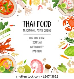 A bright menu template of traditional Asian cuisine. Seafood, vegetables and herbs, traditional Thai dishes