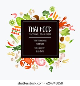 A bright menu template of traditional Asian cuisine. Seafood, vegetables and herbs, traditional Thai dishes