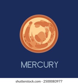 Bright Mercury with a title. A solar system planet with dynamic swirls and textures. Perfect for educational content and astronomy. Vector illustration isolated on a dark blue background.