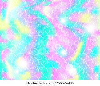 Bright mermaid pattern in princess colors. Fish tail banner with rainbow scales. Kawaii mermaid background. Vector illustration. Fantasy gradient colorful rainbow backdrop.