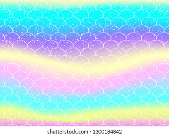 Bright mermaid pattern in princess colors. Fish tail banner with rainbow scales. Kawaii mermaid background. Vector illustration. Mermaid Fantasy gradient colorful rainbow backdrop.