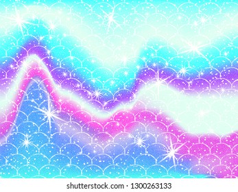 Bright mermaid pattern in princess colors. Fish tail banner with rainbow scales. Kawaii mermaid background. Vector illustration. Fantasy gradient colorful rainbow backdrop.