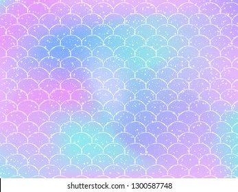 Bright mermaid pattern in princess colors. Fish tail banner with rainbow scales. Kawaii mermaid background. Vector illustration. Fantasy gradient colorful rainbow backdrop.