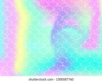 Bright mermaid pattern in princess colors. Fish tail banner with rainbow scales. Kawaii mermaid background. Vector illustration. Fantasy gradient colorful rainbow backdrop.