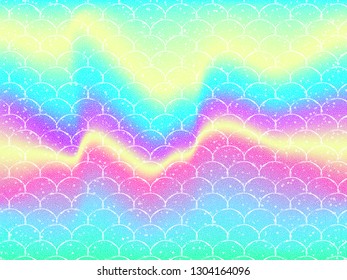 Bright mermaid pattern in princess colors. Fish tail banner with rainbow scales. Kawaii mermaid background. Vector illustration. Fantasy gradient colorful rainbow backdrop.