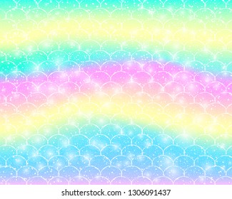 Bright mermaid pattern in princess colors. Fish tail banner with rainbow scales. Kawaii mermaid background. Vector illustration. Fantasy gradient colorful rainbow backdrop.