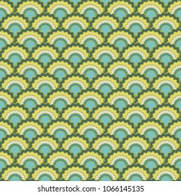 Bright mermaid scales squama background, vector seamless fabric pattern, tiled textile print. Typical chinese squama scales seamless arc tiles motif. Reptile skin pattern.