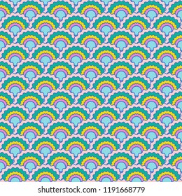 Bright mermaid scales squama background, vector seamless fabric pattern, tiled textile print. Classic japanese squama scales seamless arc tiles background. Wrapping paper pattern.