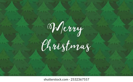 Bright Merry Christmas background with green overlapping coniferous trees. Cute New Year firs and pines texture for winter holiday banner, surface design, greeting cards