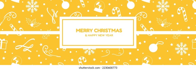 Bright Merry Christmas Banner with white hand-drawn Christmas elements on yellow background. White christmas balls, snowflakes, ribbons, giftsm candy cane. Vector Illustration. EPS 10. 