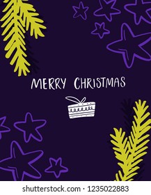 Bright Merry Christmas card design. Violet and neon green colors with hand crafted inscription and spruce branches.