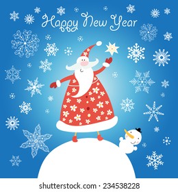 bright merry Christmas card with Santa Claus on a blue background with snowflakes