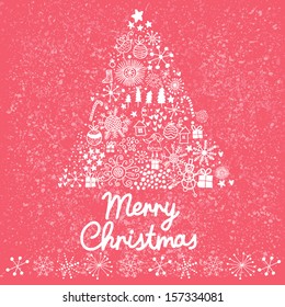 Bright Merry Christmas card in vector. Holiday fir tree in pink colors made of snowflakes