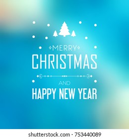 Bright Merry Christmas festive template with greeting white inscription on blurred blue light background vector illustration