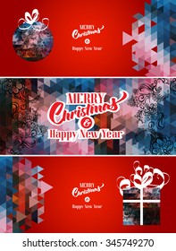 Bright Merry Christmas and a Happy New Year banner, card, congratulations on a cosmic background of triangles with Christmas tree ball, a gift with and a message of congratulation on red background