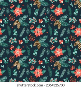 Bright Merry Christmas seamless pattern with different winter plants on blue background. Holiday floral hand drawn wrap paper or fabric design. Winter christmas decor in vector.