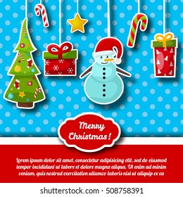 Bright merry christmas tree decorations holiday card with text field flat vector illustration