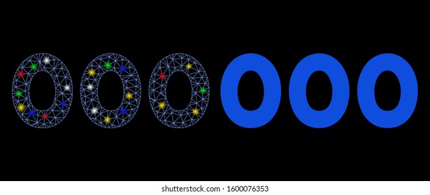Bright mesh 000 digits text icon with sparkle effect. Abstract illuminated model of 000 digits text. Shiny wire carcass triangular mesh 000 digits text icon. Vector abstraction on a black background.